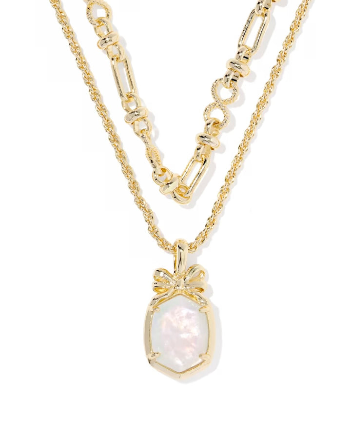Daphne Bow Multi Strand Necklace Gold Iridescent Crystal Ivory Illusion