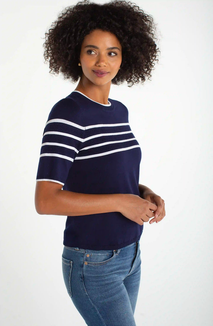 Navy &amp; White Stripe Short Sleeve Sweater