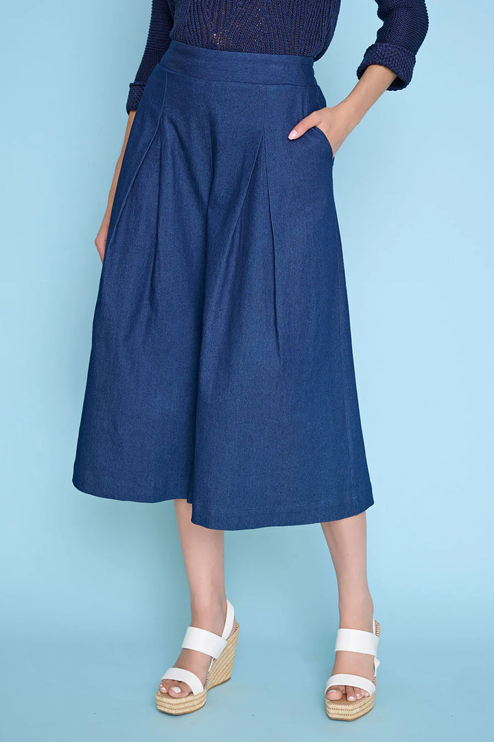 Deep Denim Pleated Wide Leg Cropped Pant