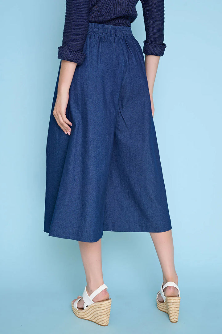 Deep Denim Pleated Wide Leg Cropped Pant