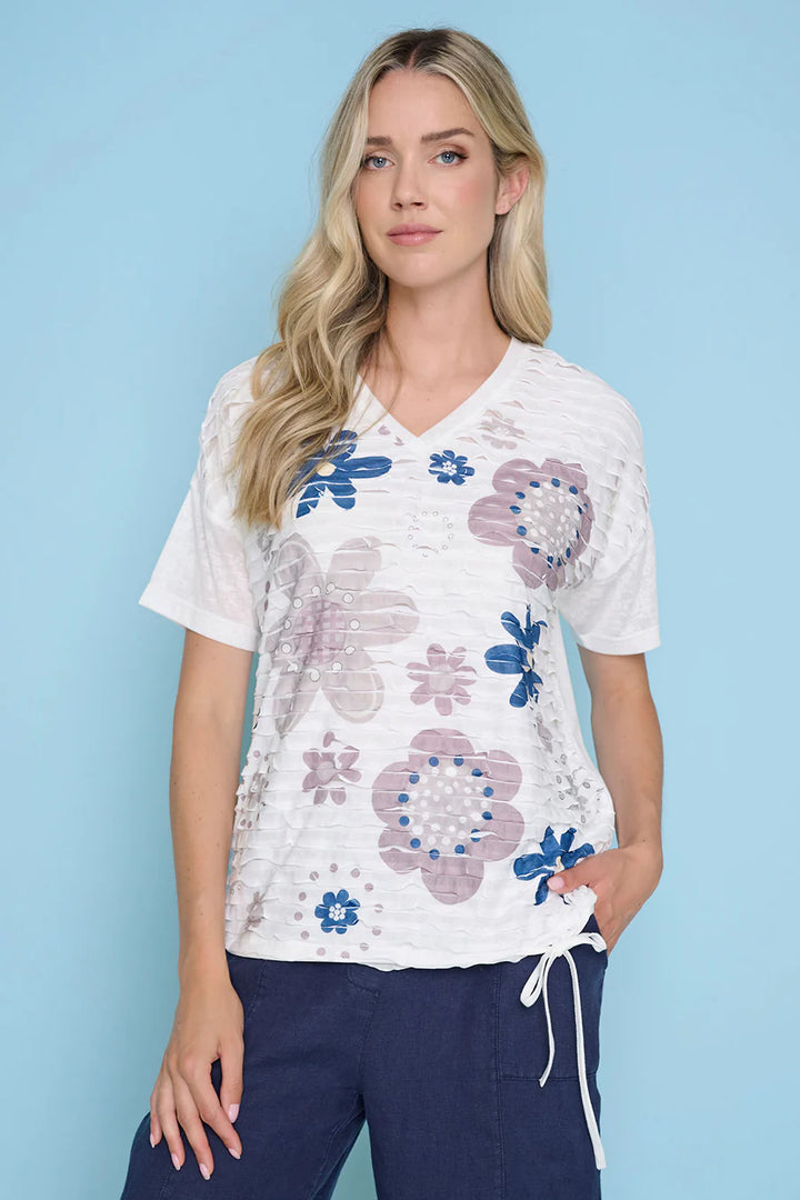 V-Neck Drawstring Hem Top, Sand Dollar Multi