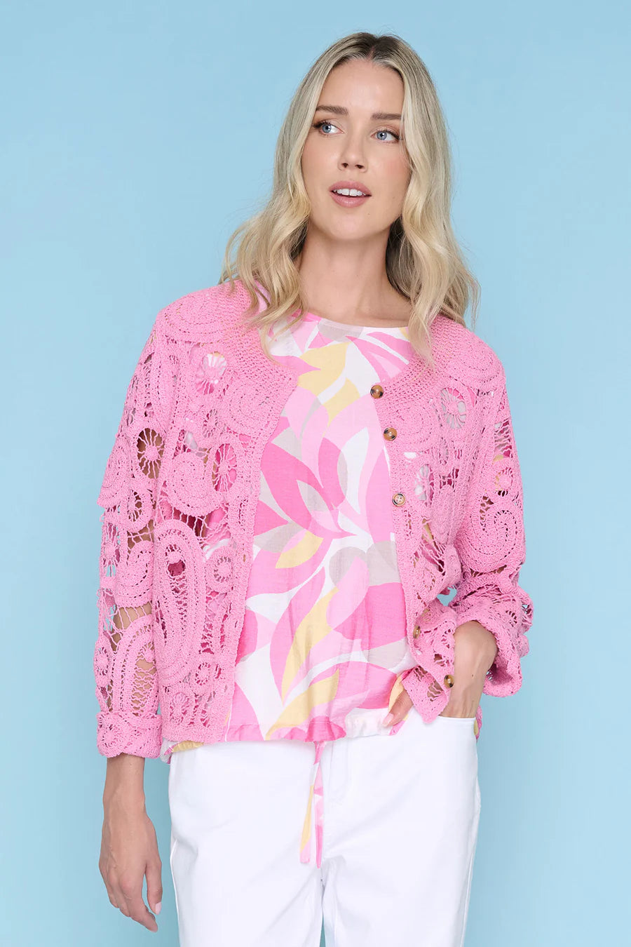 Crochet Button-Front Jacket Camellia