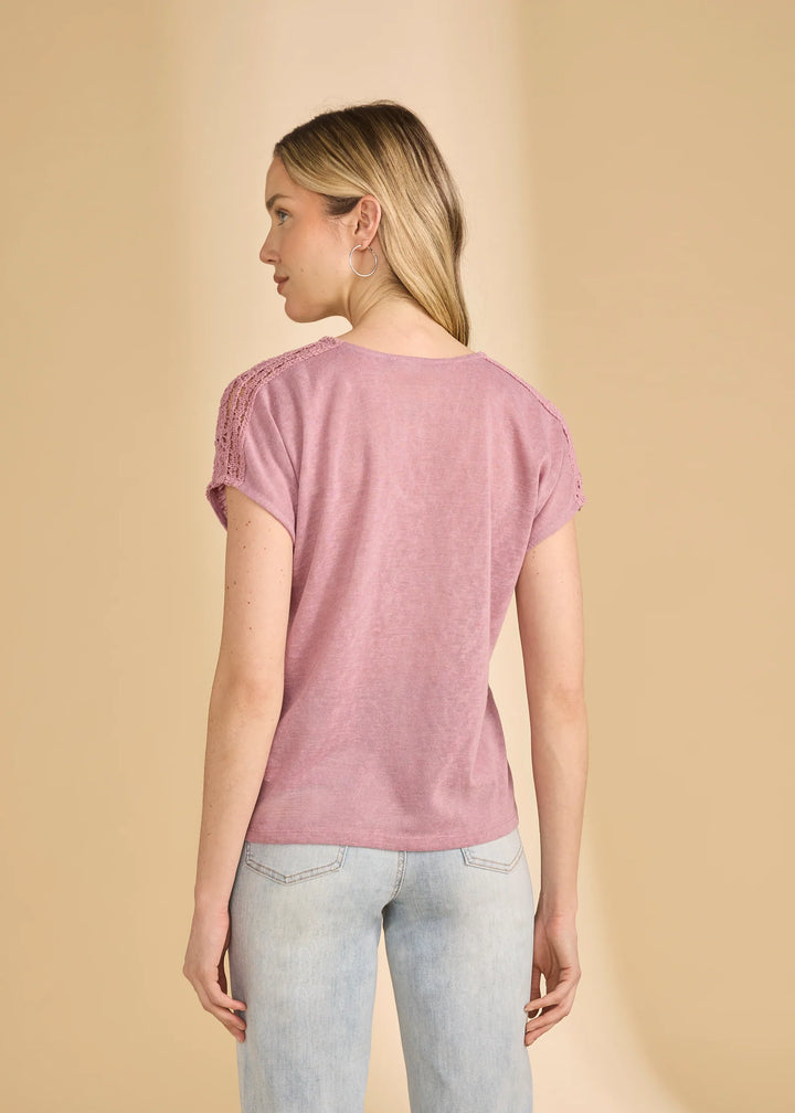 Short Sleeve Split Neck Top, Magic Mauve