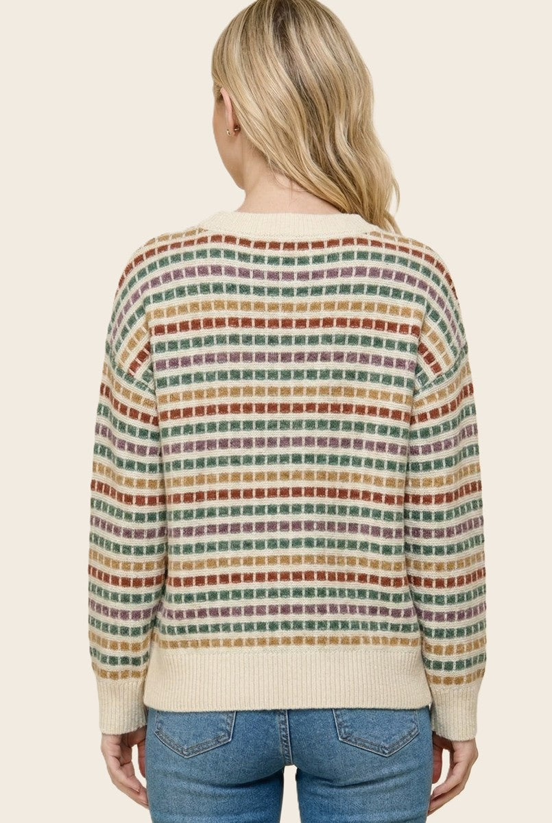 Multi Color Texture Stripe Crew Neck