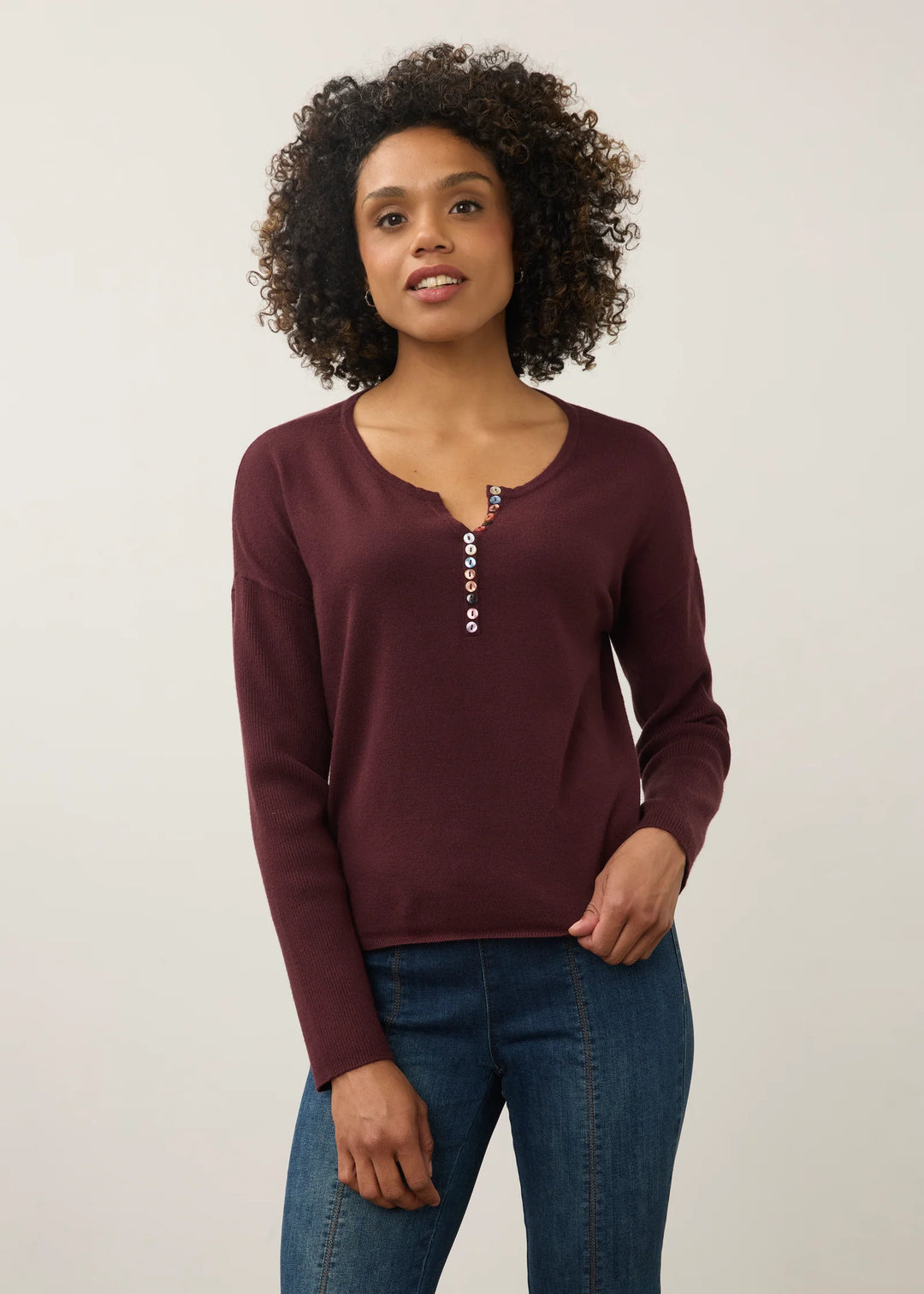 Fig Notch Neck Rib Sleeve Sweater