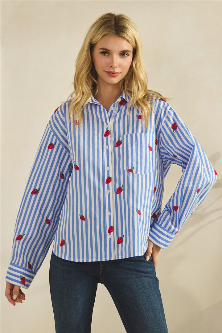 Stripe Strawberry Embroidered Button Down Blouse