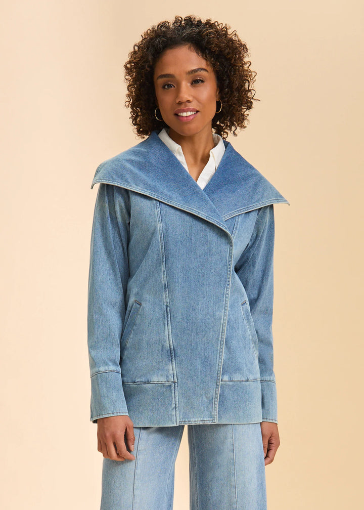 Light Denim Draped Front Jacket