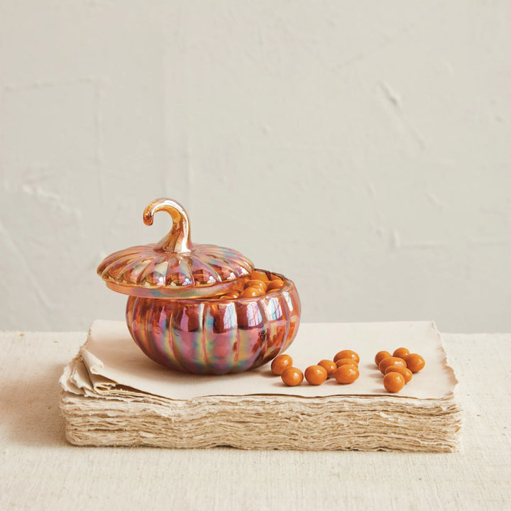 Glass Pumpkin Shaped Jar w/Lid
