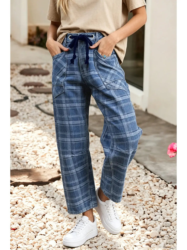 Plaid Denim Drawstring Jeans