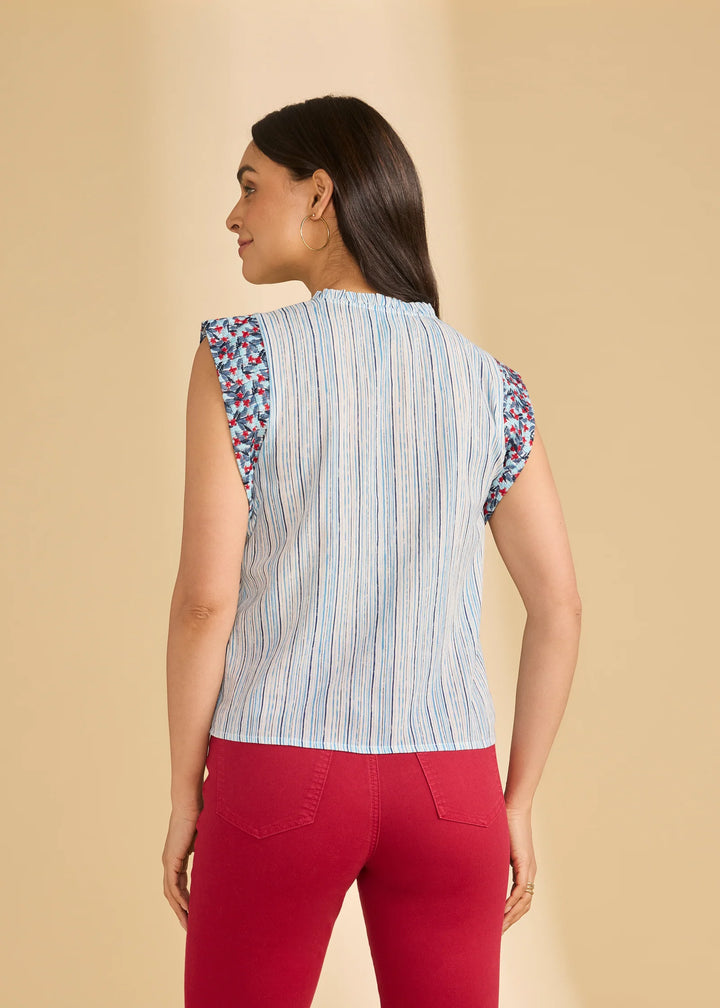 Embroidered Flutter Sleeve Top, Spritz Stripes