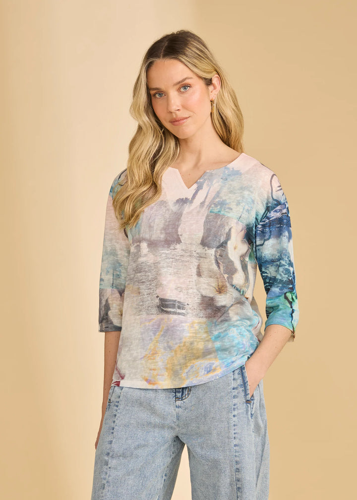 Drop Shoulder Notch Neck Top, Spring Collage