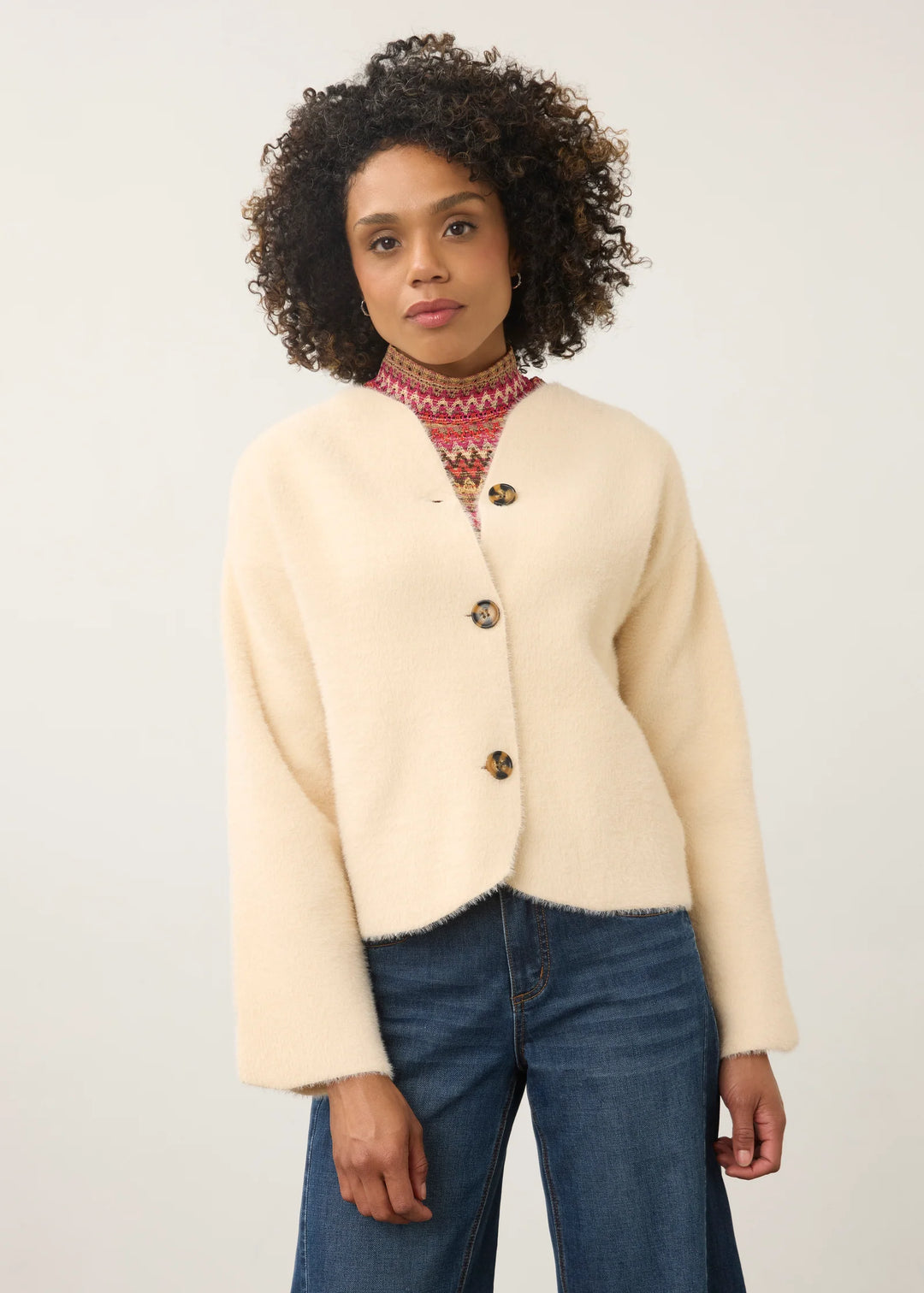 Creme Collarless Knit Jacket