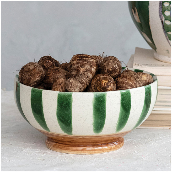 Stoneware Footed Bowl w/ Stripes