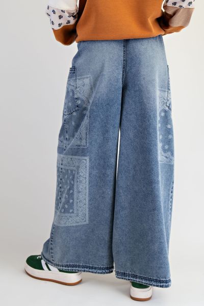 Patchwork Printed Washed Denim Pants