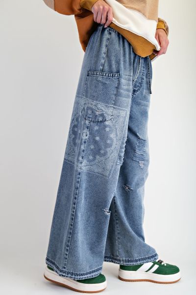 Patchwork Printed Washed Denim Pants