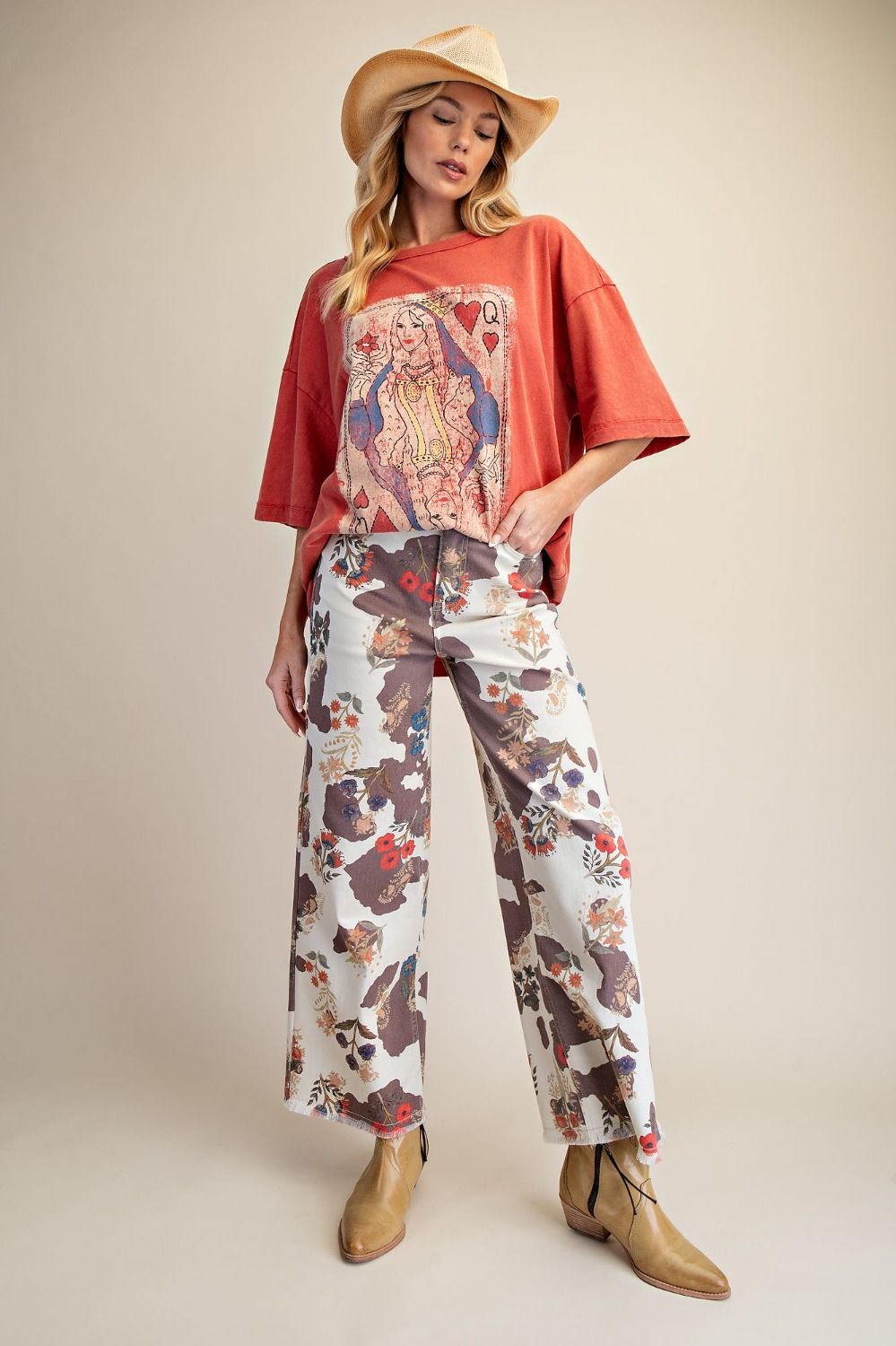 Cow Floral Print Stretch Twill Pants