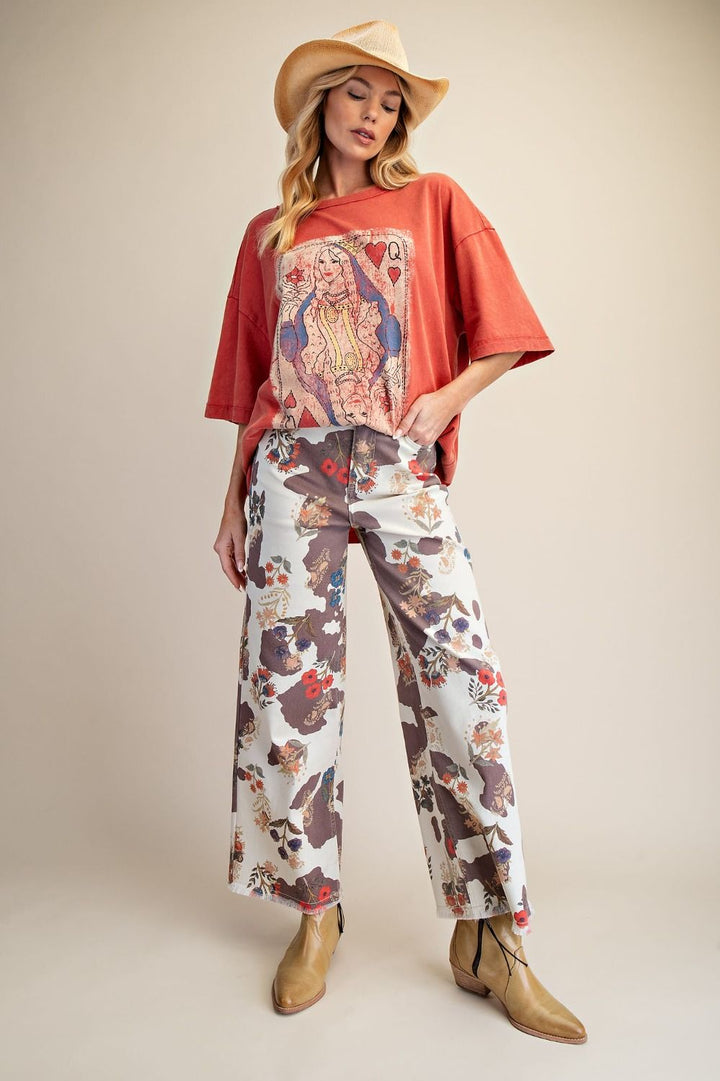 Cow Floral Print Stretch Twill Pants