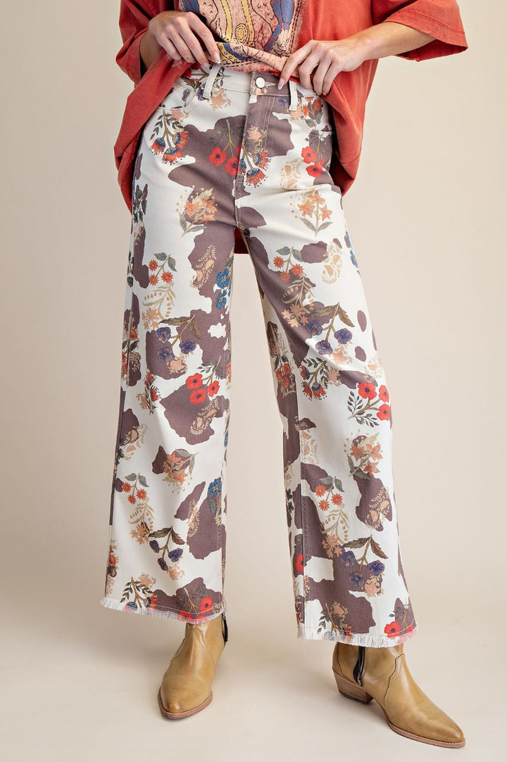 Cow Floral Print Stretch Twill Pants