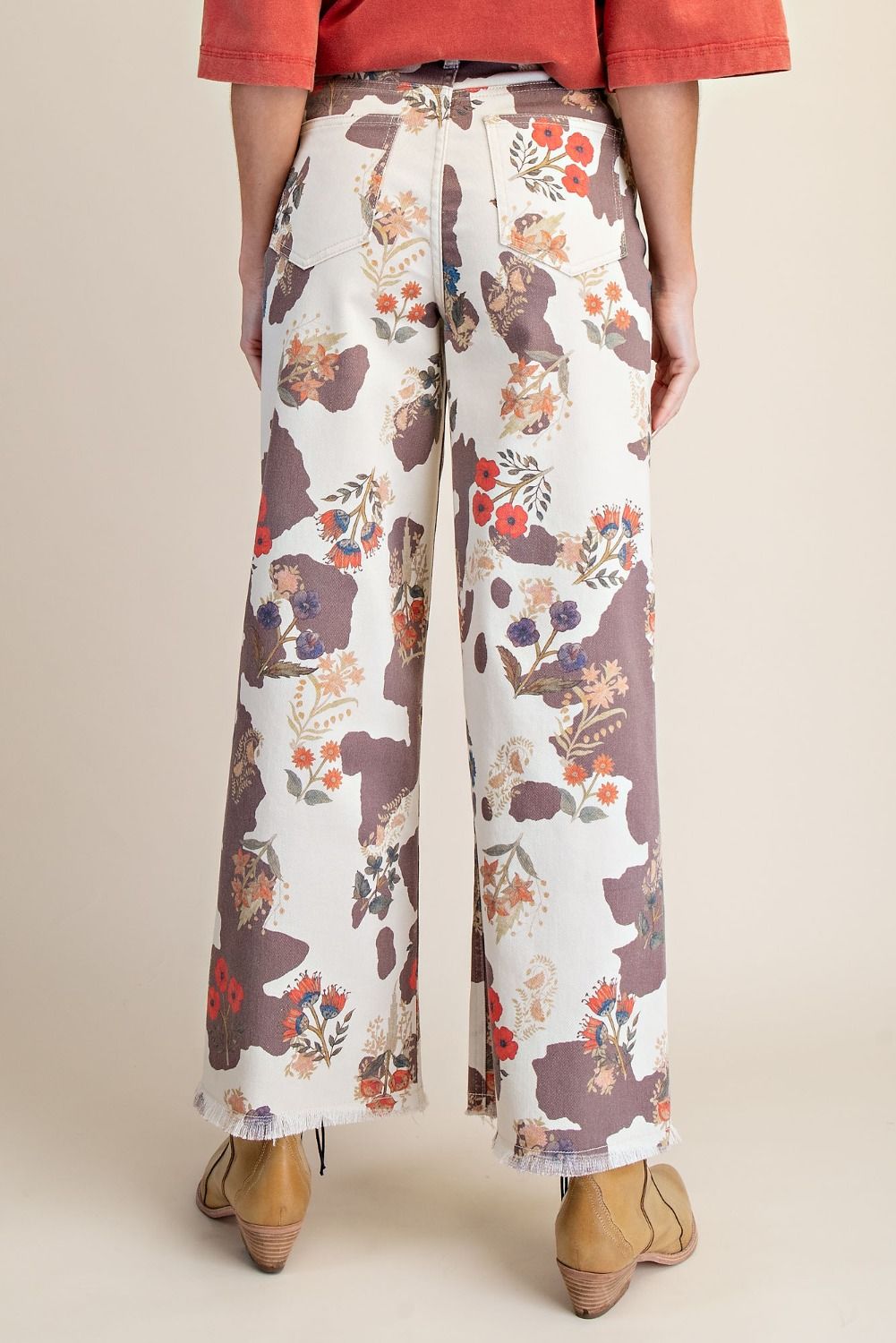 Cow Floral Print Stretch Twill Pants