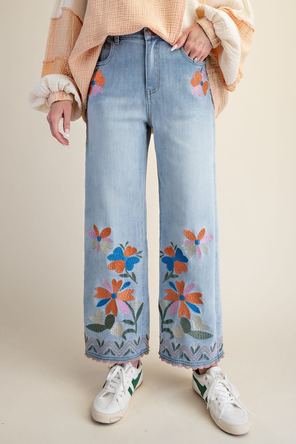 Embroidery Stretch Denim Pants