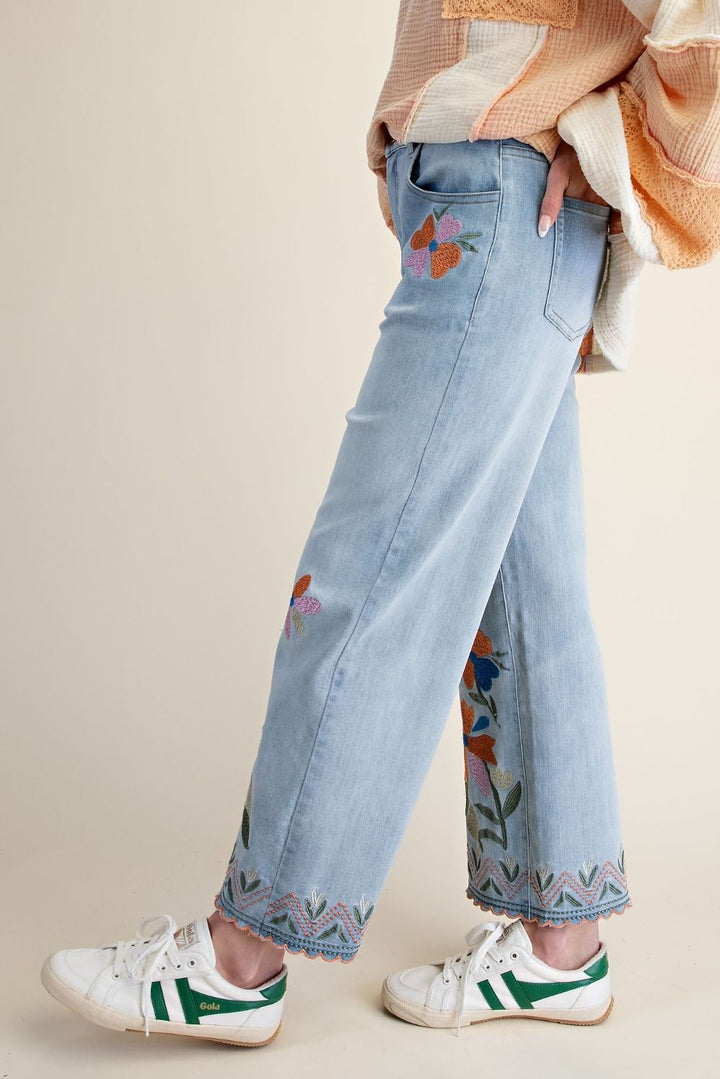 Embroidery Stretch Denim Pants