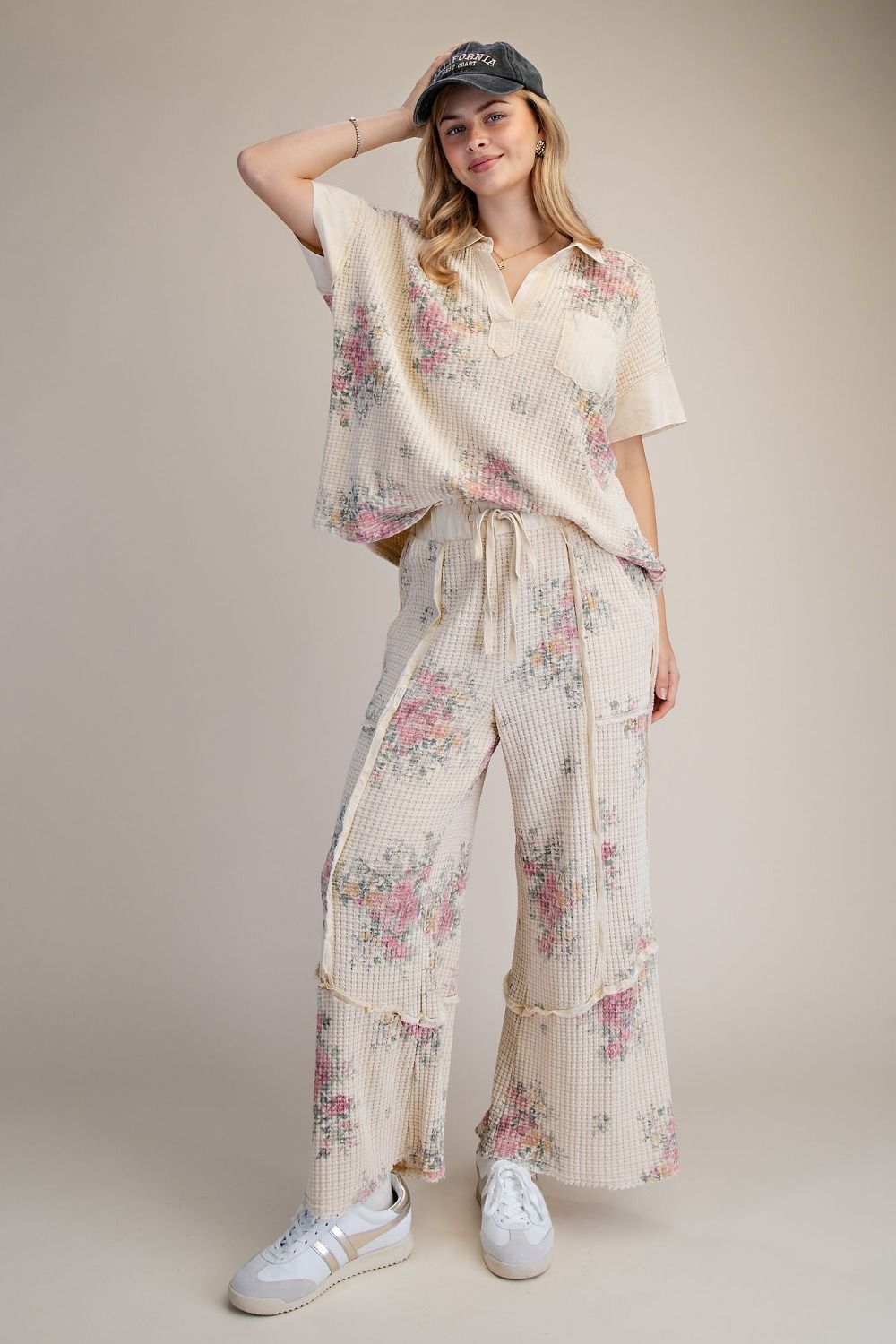 Floral Print Washed Waffle Pants