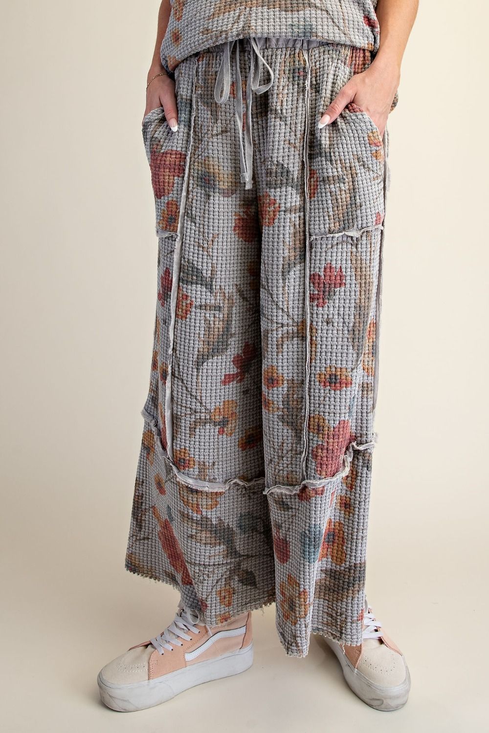 Grey Floral Print Waffle Knit Pants