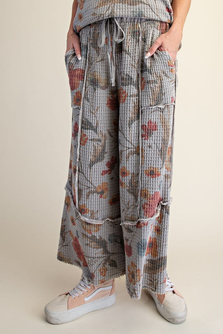 Grey Floral Print Waffle Knit Pants