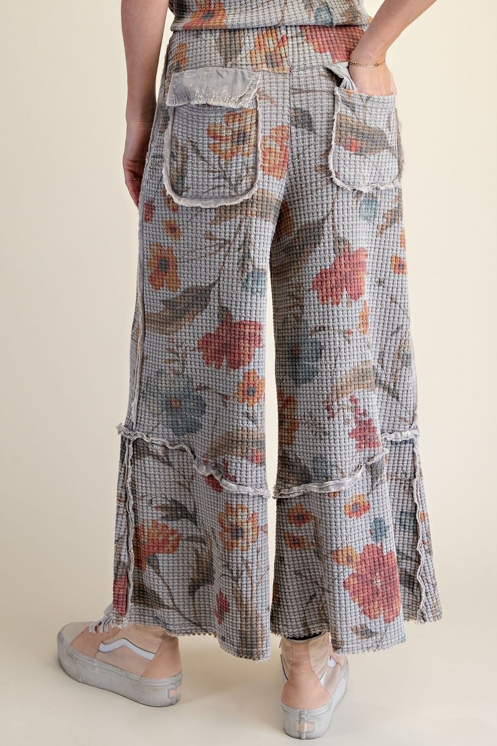 Grey Floral Print Waffle Knit Pants