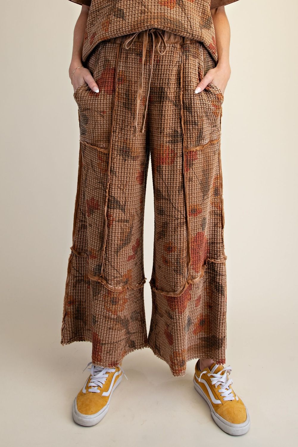 Mocha Floral Print Waffle Knit Pants