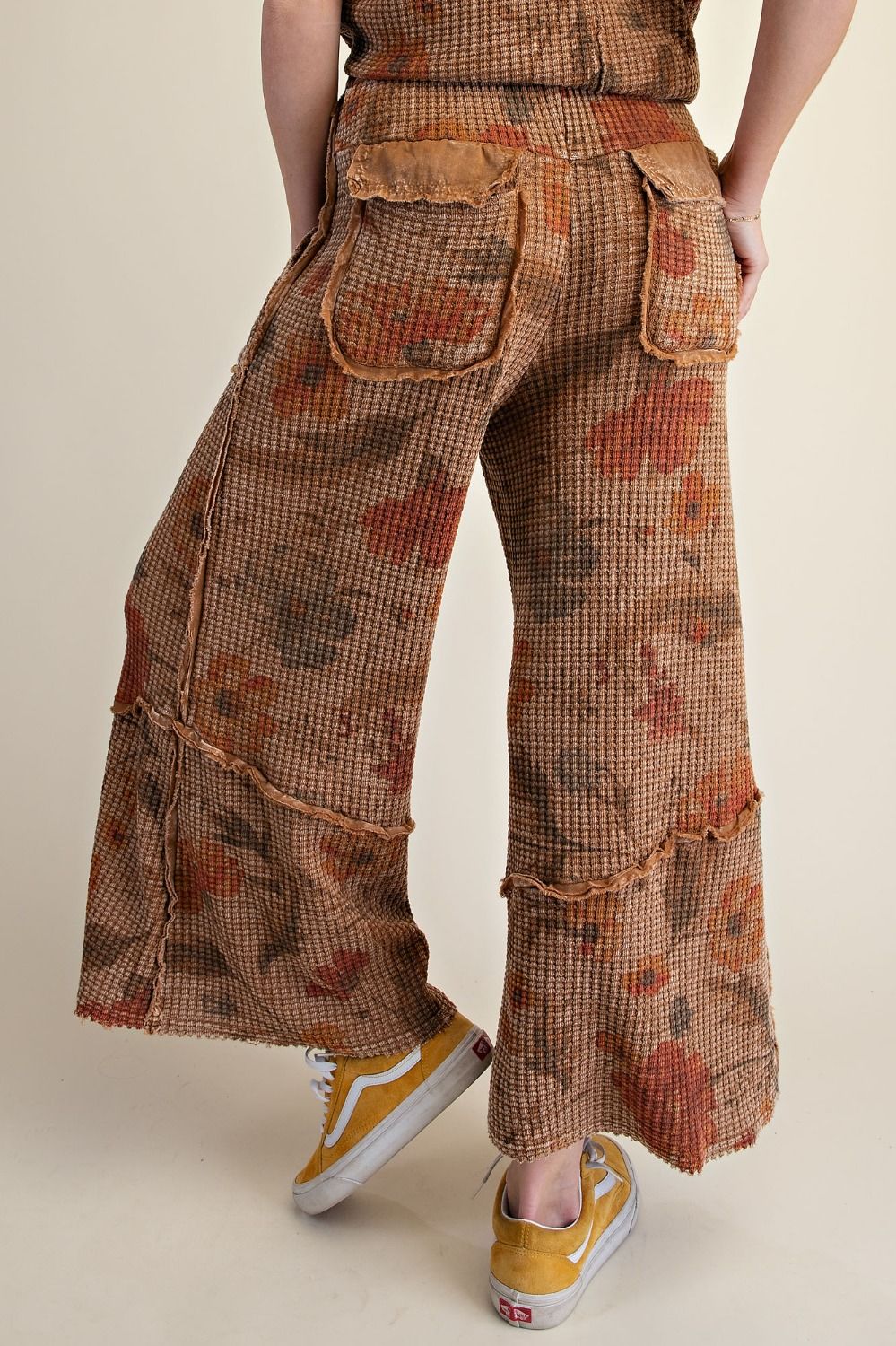 Mocha Floral Print Waffle Knit Pants