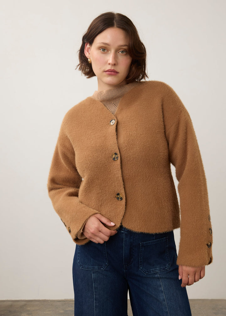 Camel Collarless Knit Jacket