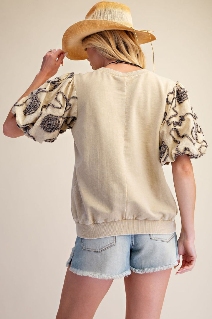 Khaki Bubble Sleeve Terry Knit Top
