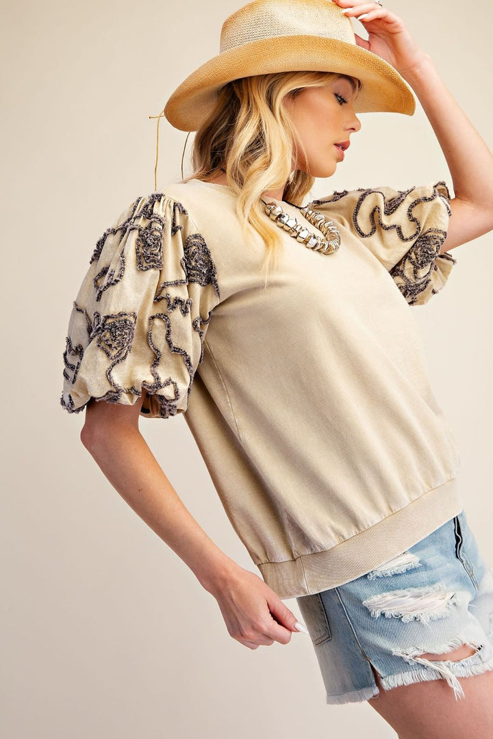 Khaki Bubble Sleeve Terry Knit Top