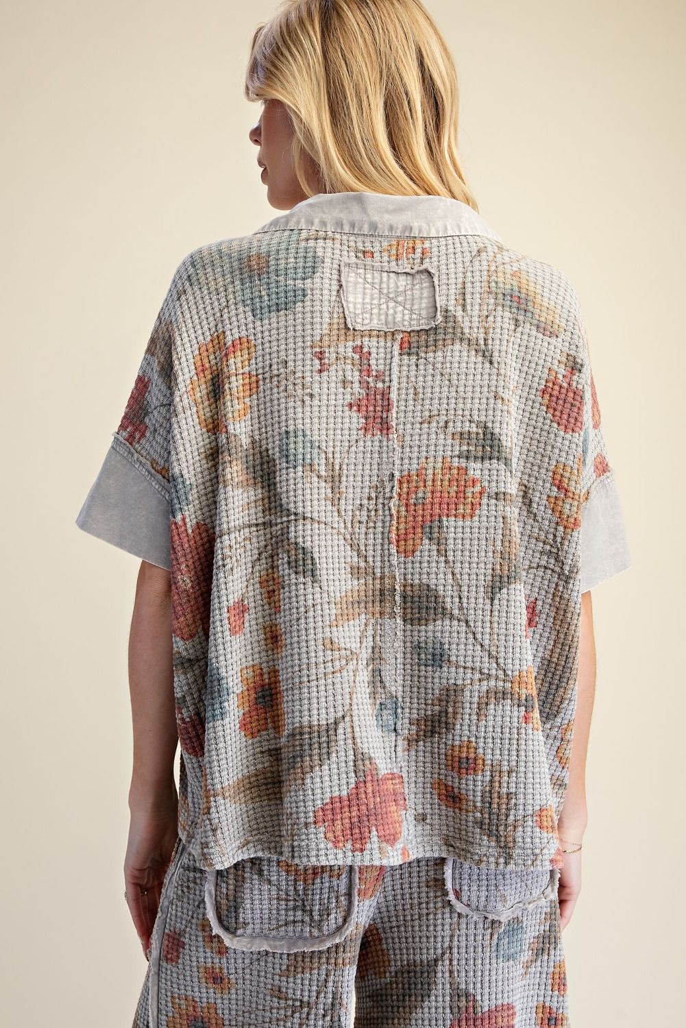 Grey Floral Print Waffle Knit Top