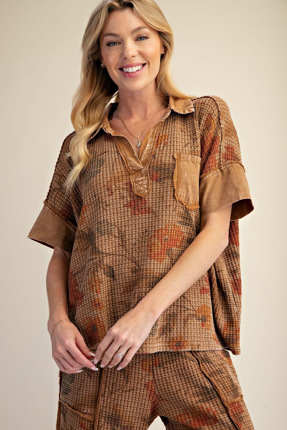 Mocha Floral Print Waffle Knit Top