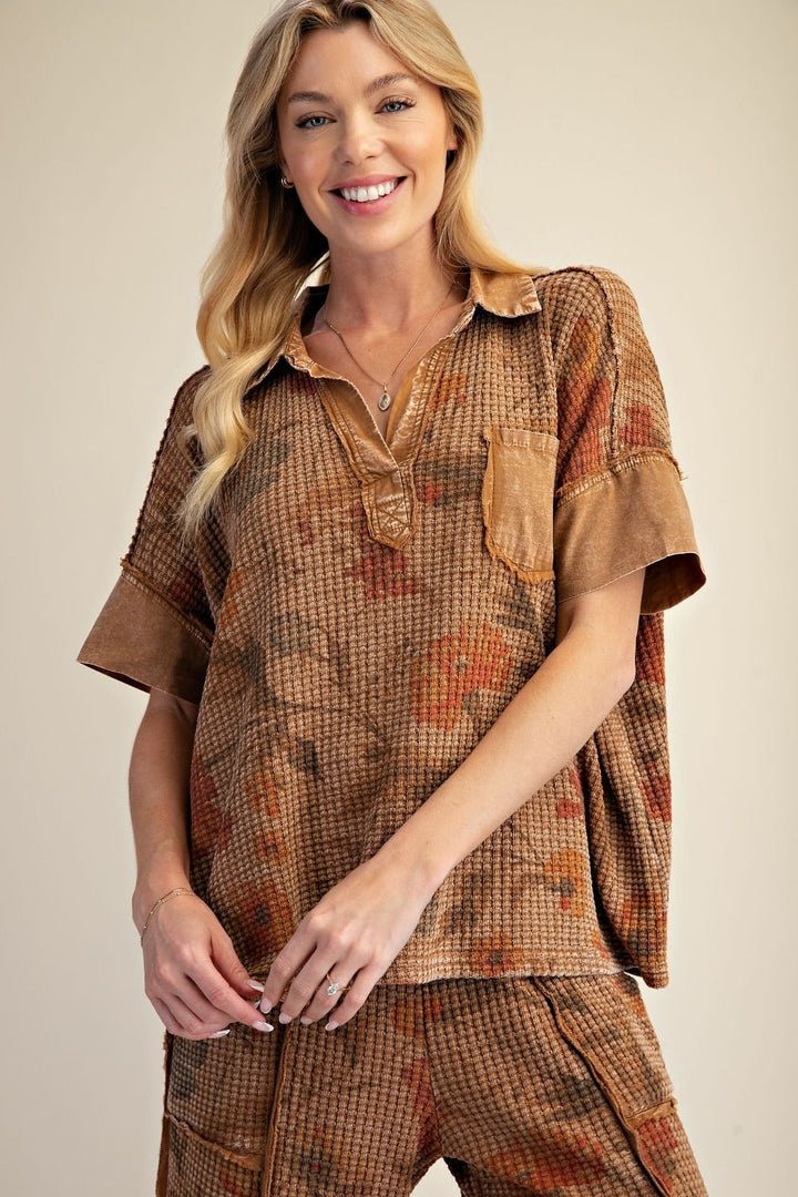 Mocha Floral Print Waffle Knit Top