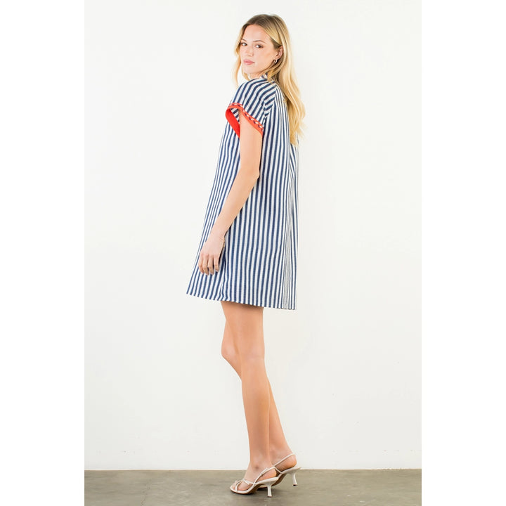 Short Sleeve Striped Detail V-neck Dress