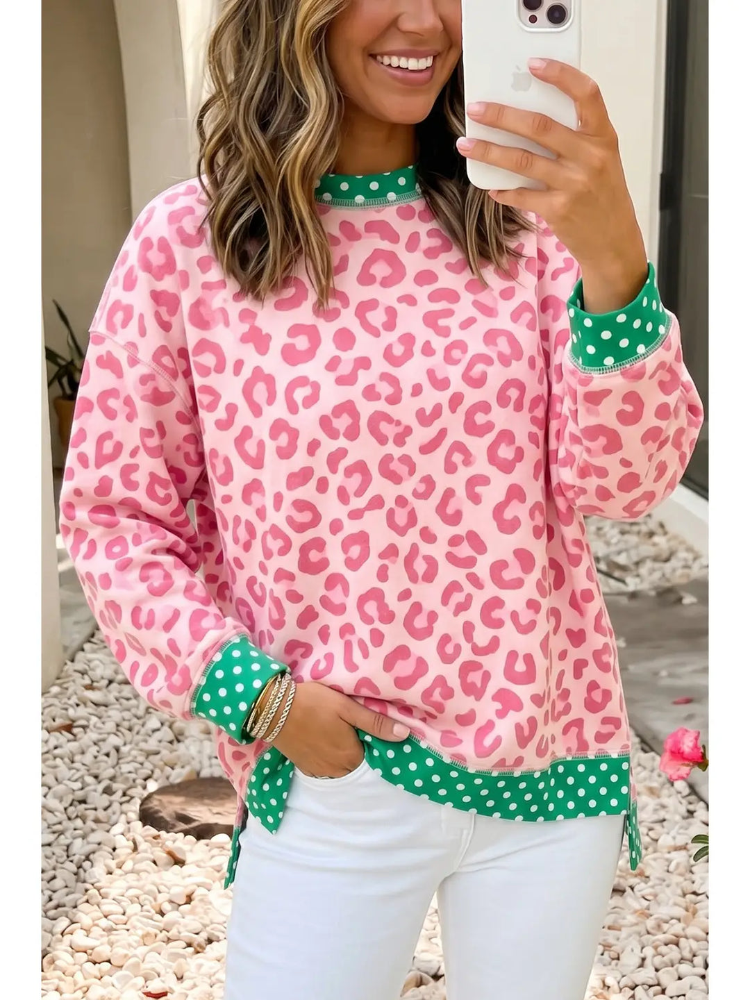 Pink Polka Dot Colorblock Leopard Shirt