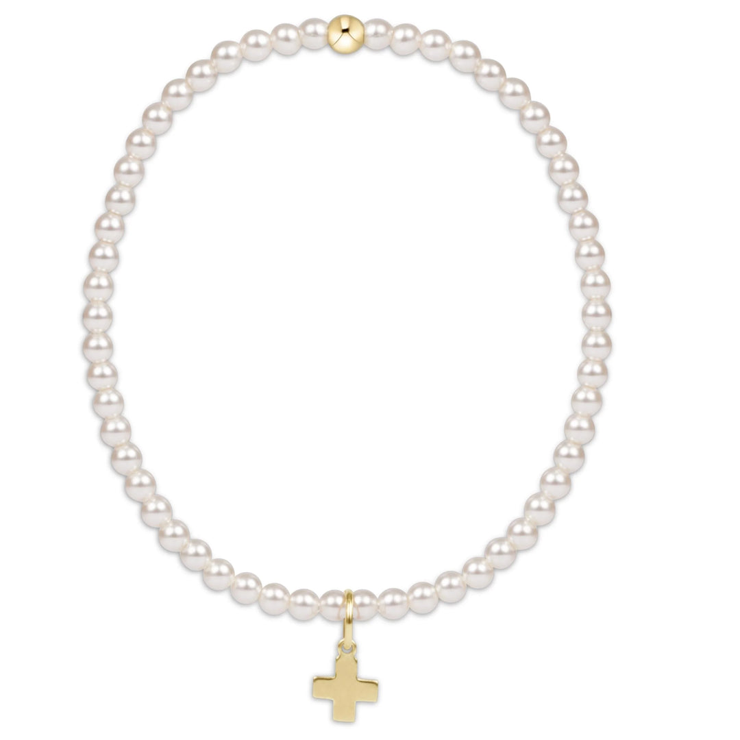 Classic Pearl 3mm Bead Bracelet Signature Cross Gold Charm