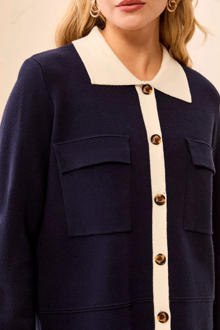 Sweater Cardigan w/Collar - Sapphire
