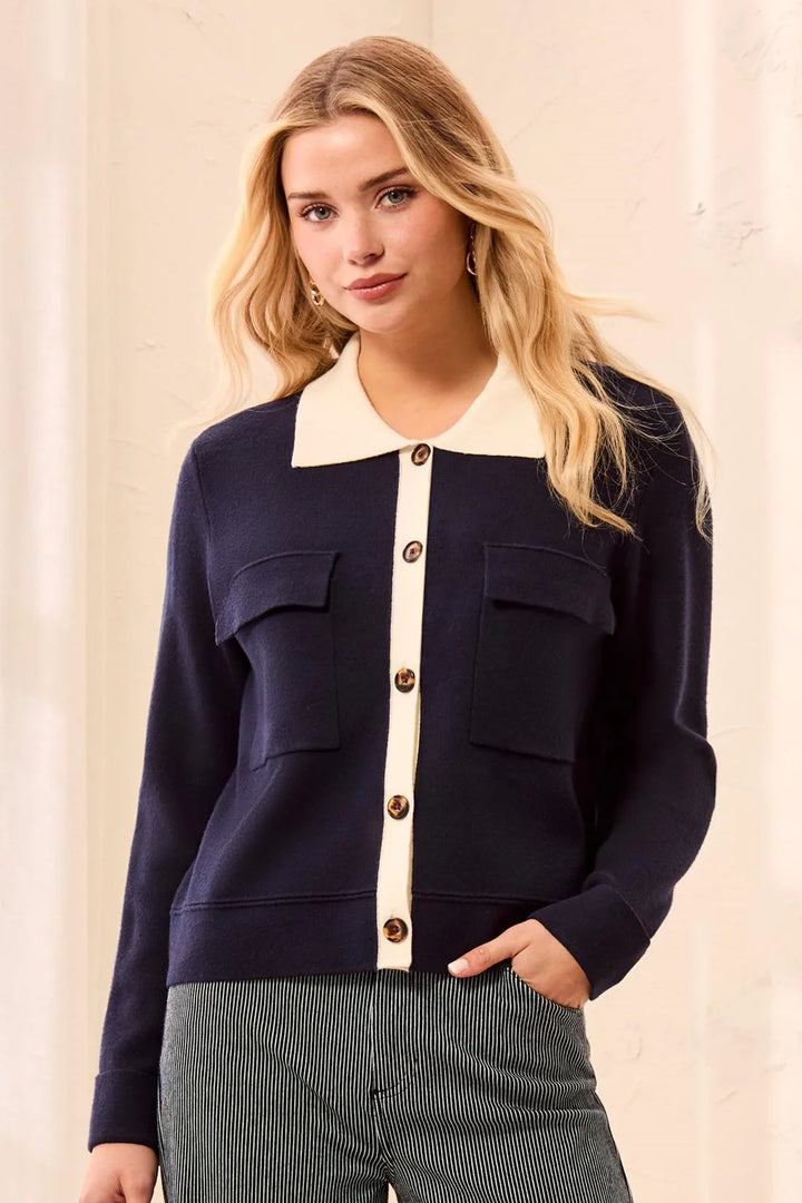 Sweater Cardigan w/Collar - Sapphire