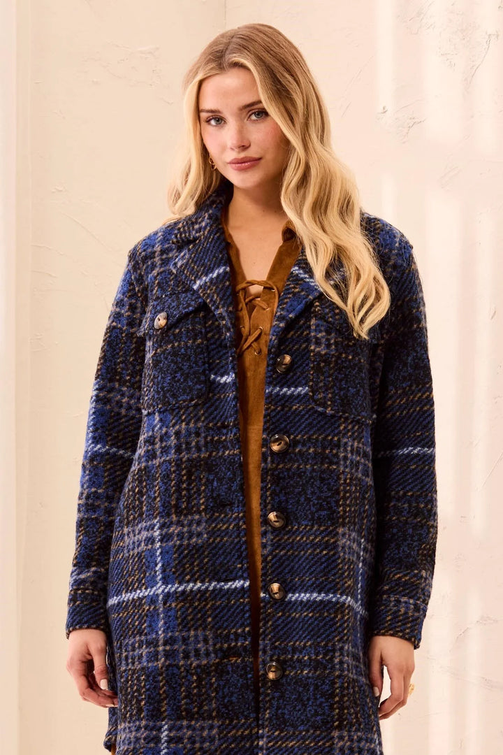 Knit Plaid Notch Collar Shacket