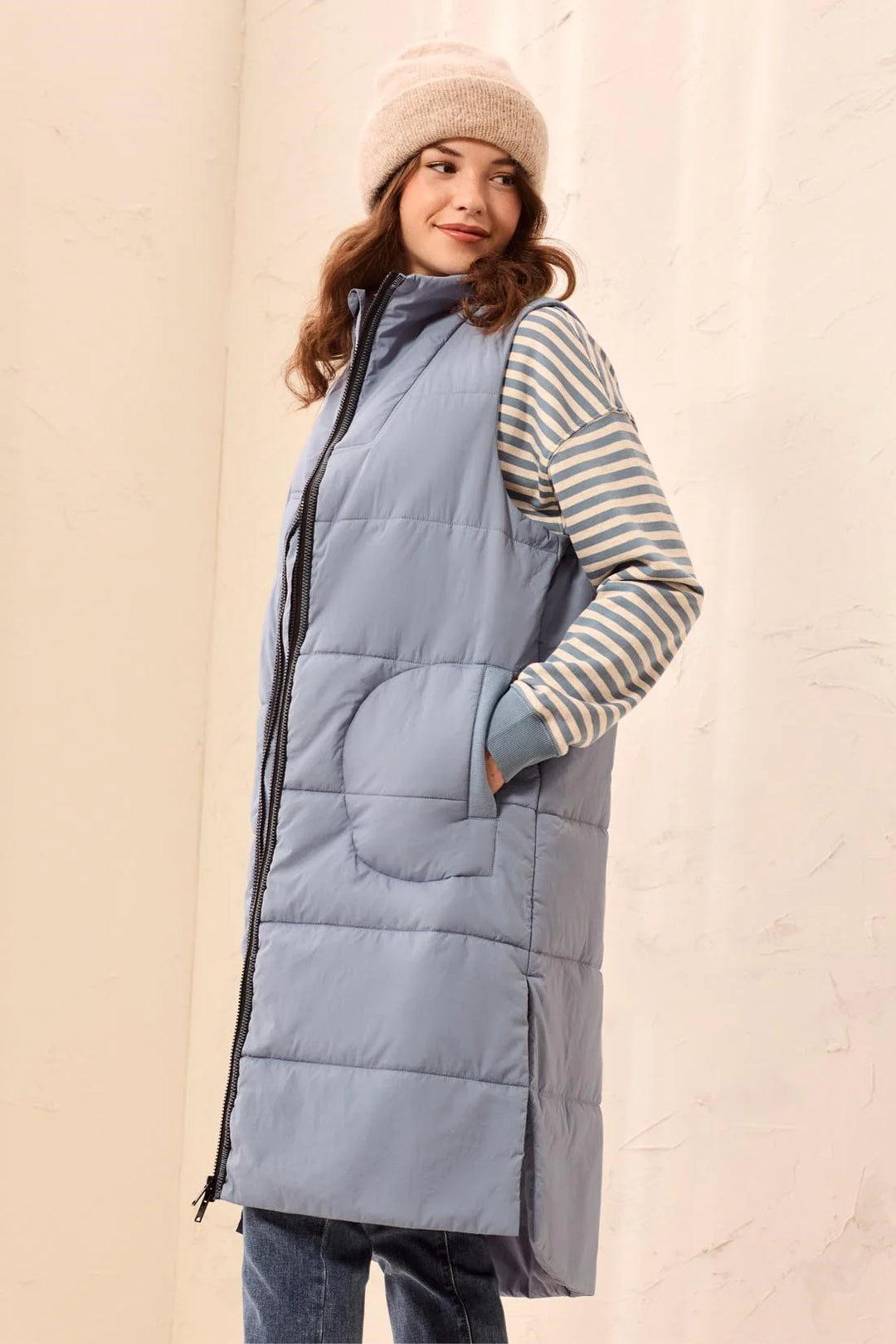 Blue Fog Long Zip Front Quilted Vest