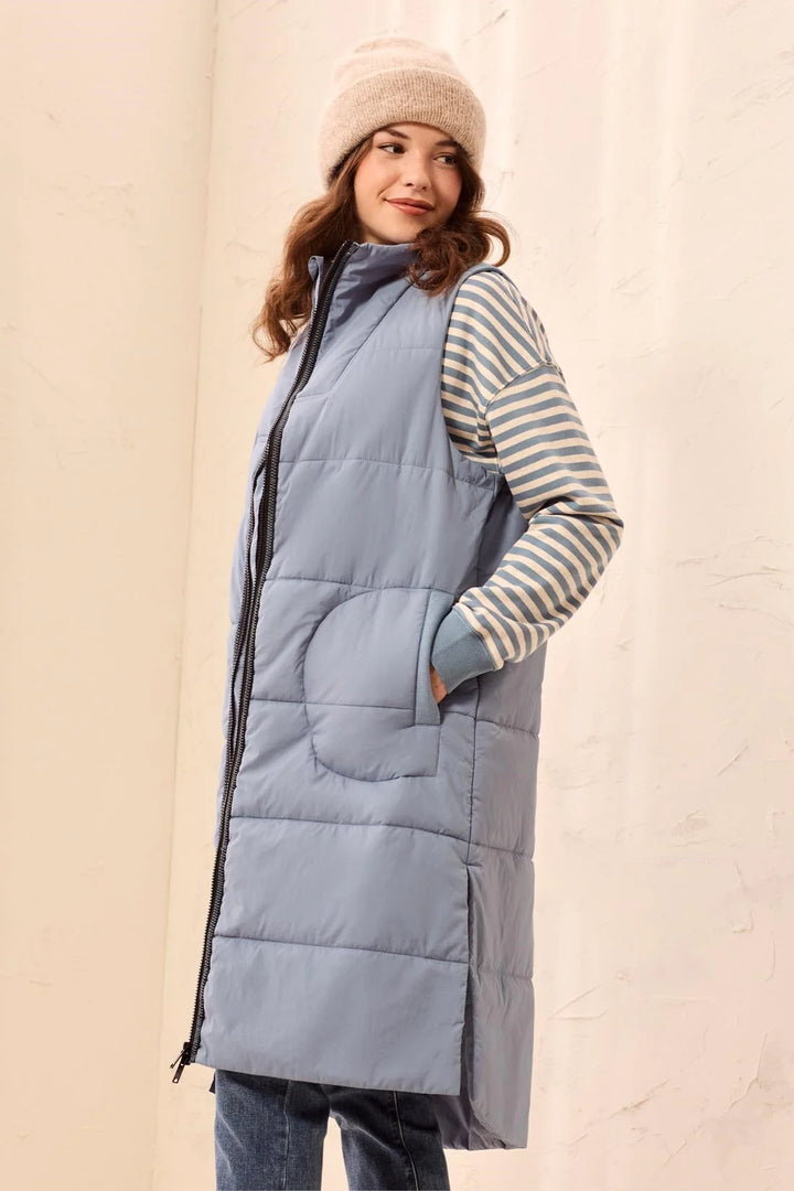 Blue Fog Long Zip Front Quilted Vest