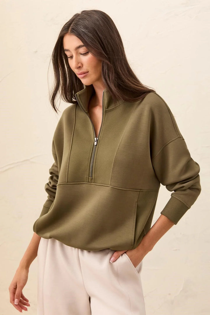 Mock Neck Top w/Zipper - Basil