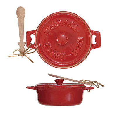 Stoneware Brie Baker w/ Wood Tree Shaped Spoon, Red, Set of 2 (Each One Will Vary)