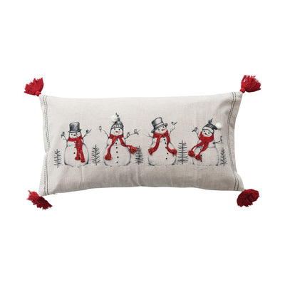 Lumbar Pillow with Embroidered Snowmen & Birds Image ©