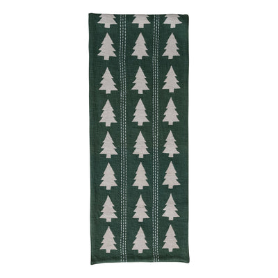 Table Runner with Trees Pattern, Embroidery & Stitching, Green & Natural